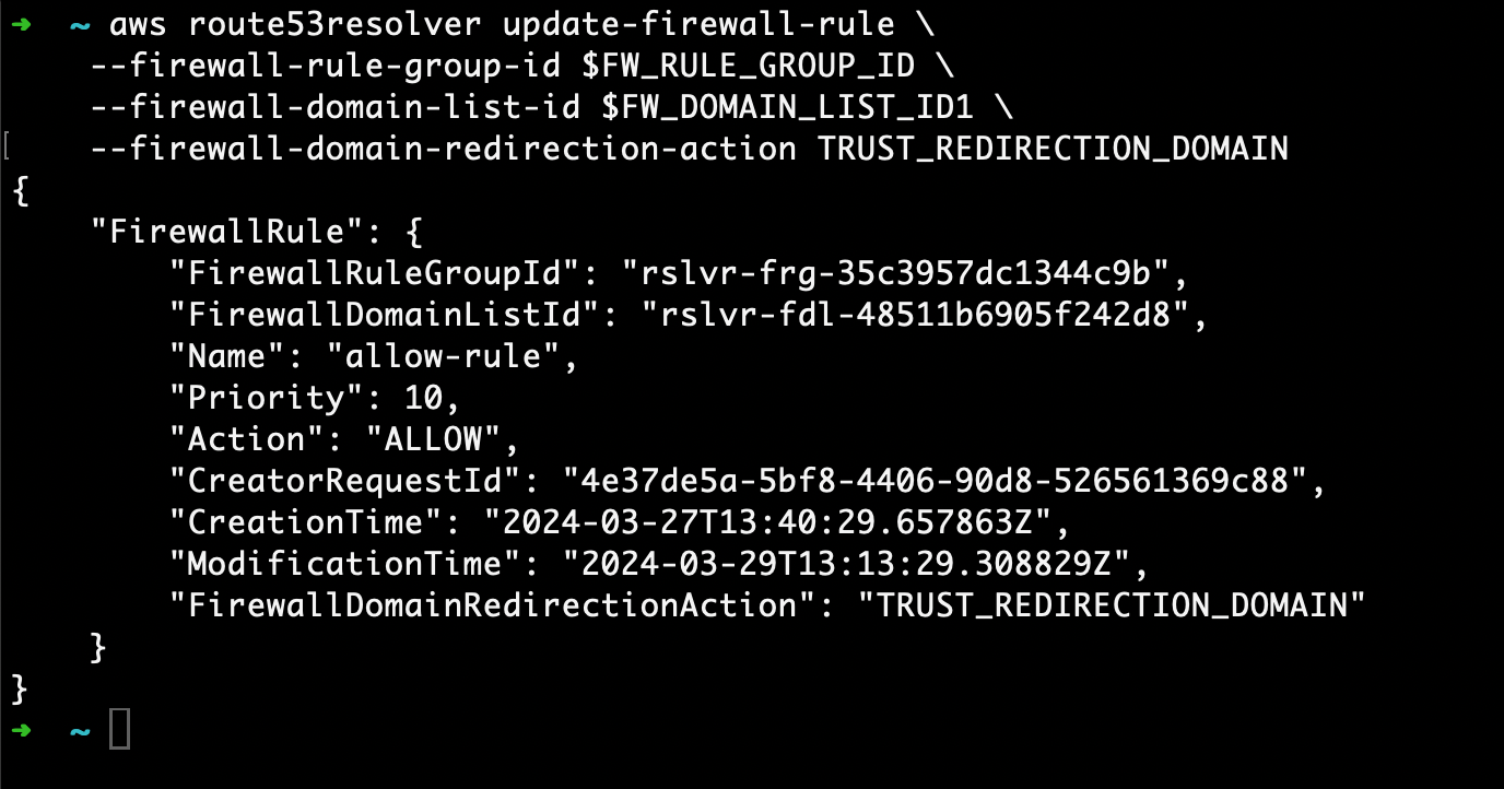 Aby to rozwiązać, aktualizuję regułę firewall, aby zaufała całemu łańcuchowi przekierowującemu. Używam AWS CLI do wezwania update-firewall-rule API z nowym parametrem firewall-domain-redirection-action ustawionym na TRUST_REDIRECTION_DOMAIN.
